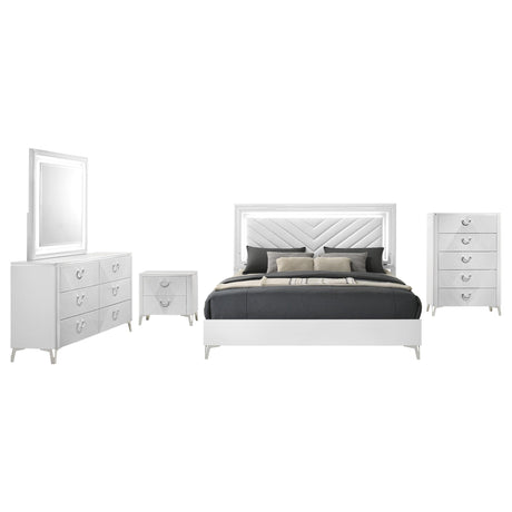 Cassia White High Gloss 5-Piece Queen LED Bedroom Set from Coaster - Luna Furniture