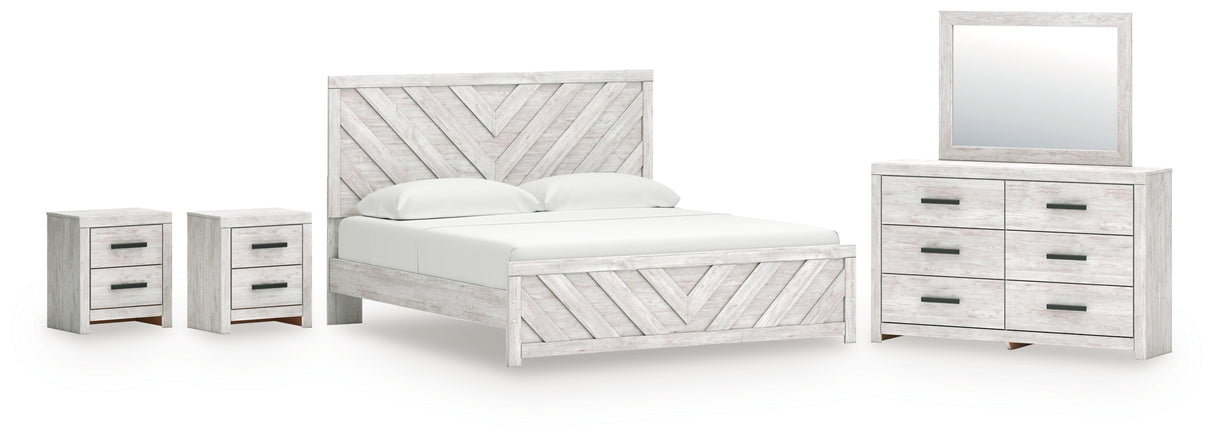 Cayboni King Panel Bed with Mirrored Dresser and 2 Nightstands in Whitewash from Ashley - Luna Furniture