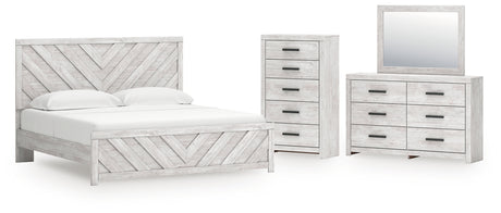 Cayboni King Panel Bed with Mirrored Dresser and Chest in Whitewash from Ashley - Luna Furniture