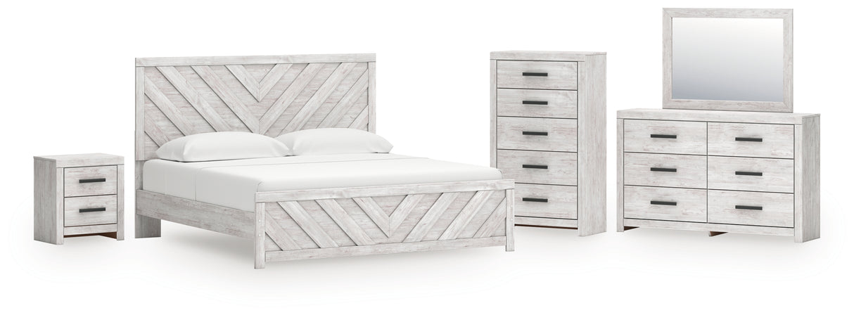 Cayboni King Panel Bed with Mirrored Dresser, Chest and Nightstand in Whitewash from Ashley - Luna Furniture