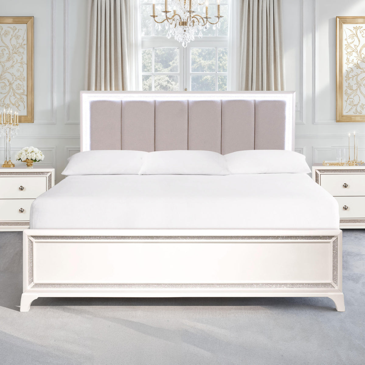 Cassie Illuminating King Bed, Shimmering Pearl Finish from Steve Silver - Luna Furniture
