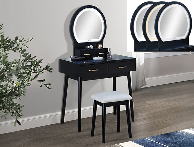 Cecilia Black LED Vanity Table & Stool from Crown Mark - Luna Furniture