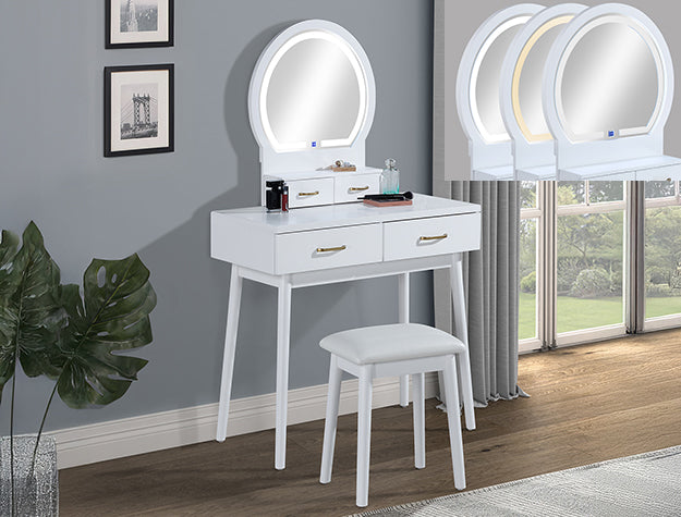 Cecilia White LED Vanity Table & Stool from Crown Mark - Luna Furniture