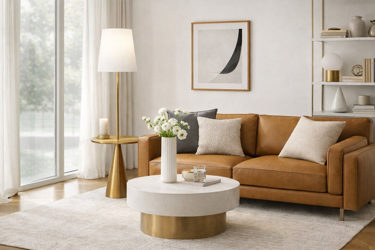 Celestial Modern Floor Lamp with Brass Accent Table with Large White Shade from Ashcroft Furniture - Luna Furniture