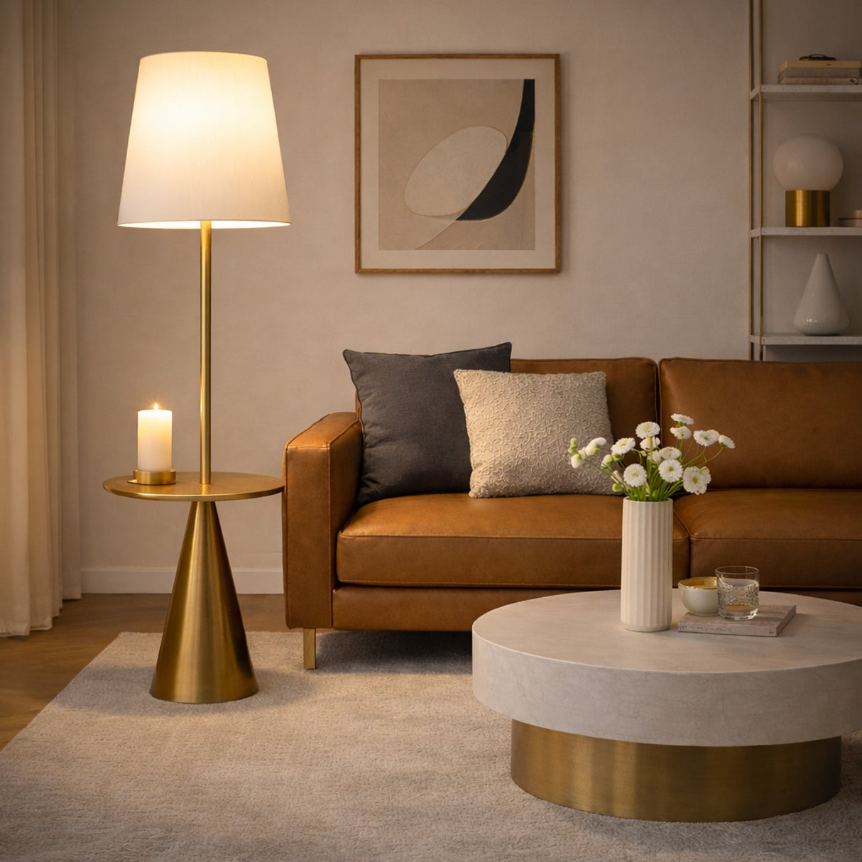 Celestial Modern Floor Lamp with Brass Accent Table with Large White Shade from Ashcroft Furniture - Luna Furniture