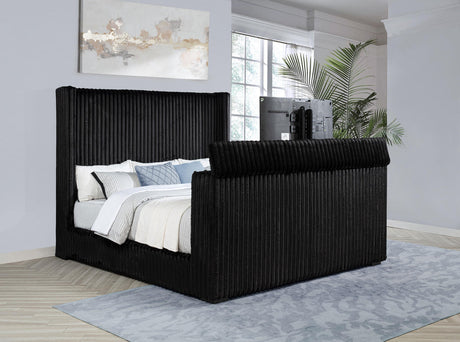 Centergrove Black Upholstered Eastern King Wingback TV Bed from Coaster - Luna Furniture