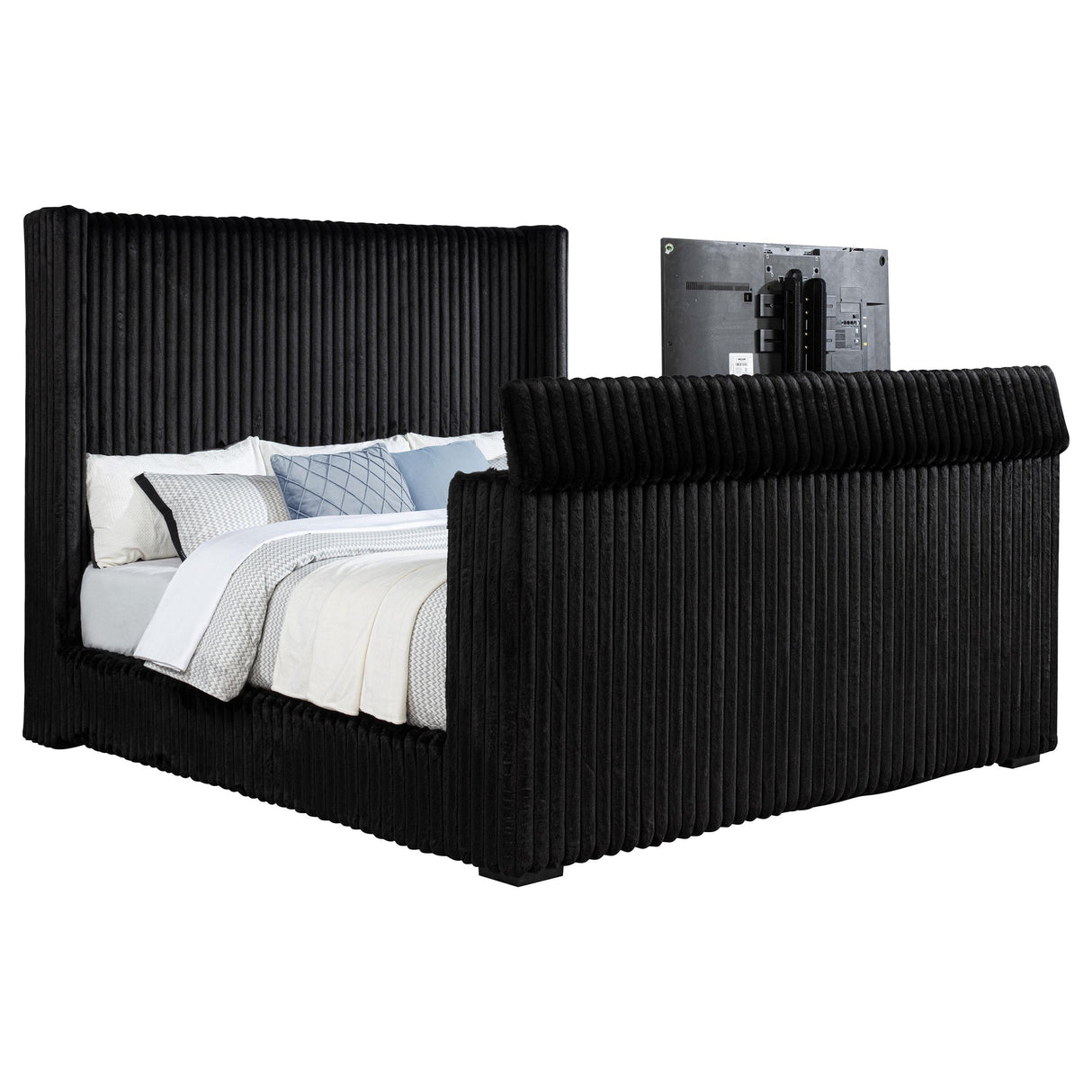 Centergrove Black Upholstered Eastern King Wingback TV Bed from Coaster - Luna Furniture