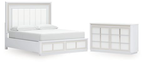 Chalanna California King Upholstered Storage Bed with Dresser in White from Ashley - Luna Furniture
