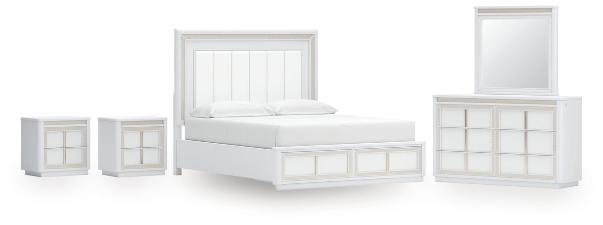 Chalanna California King Upholstered Storage Bed with Mirrored Dresser and 2 Nightstands in White from Ashley - Luna Furniture