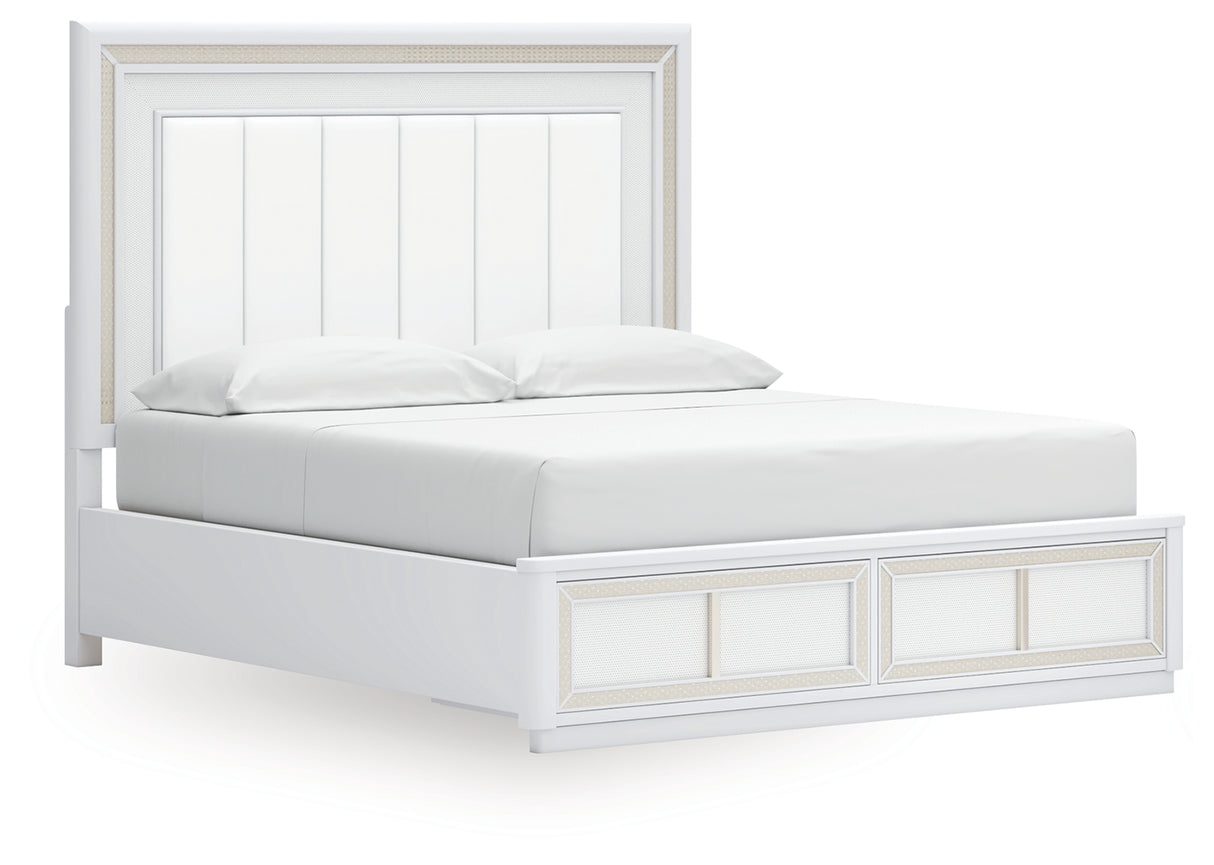 Chalanna California King Upholstered Storage Bed with Mirrored Dresser and 2 Nightstands in White from Ashley - Luna Furniture