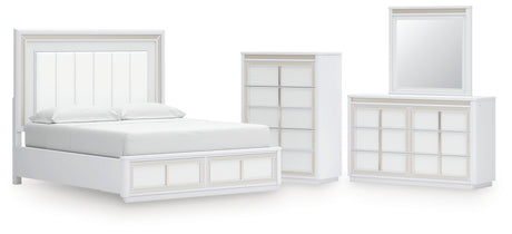 Chalanna California King Upholstered Storage Bed with Mirrored Dresser and Chest in White from Ashley - Luna Furniture