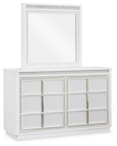Chalanna California King Upholstered Storage Bed with Mirrored Dresser and Chest in White from Ashley - Luna Furniture