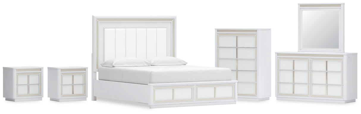 Chalanna California King Upholstered Storage Bed with Mirrored Dresser, Chest and 2 Nightstands in White from Ashley - Luna Furniture