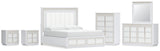 Chalanna California King Upholstered Storage Bed with Mirrored Dresser, Chest and 2 Nightstands in White from Ashley - Luna Furniture