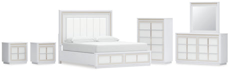 Chalanna California King Upholstered Storage Bed with Mirrored Dresser, Chest and 2 Nightstands in White from Ashley - Luna Furniture