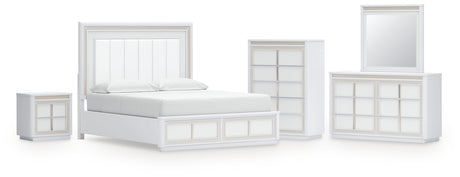 Chalanna California King Upholstered Storage Bed with Mirrored Dresser, Chest and Nightstand in White from Ashley - Luna Furniture