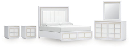 Chalanna King Upholstered Storage Bed with Mirrored Dresser and 2 Nightstands in White from Ashley - Luna Furniture