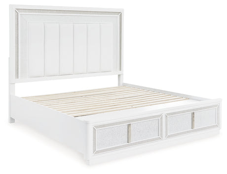Chalanna King Upholstered Storage Bed with Mirrored Dresser and Chest in White from Ashley - Luna Furniture