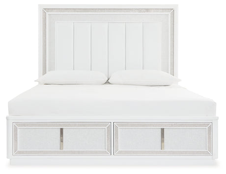 Chalanna King Upholstered Storage Bed with Mirrored Dresser and Chest in White from Ashley - Luna Furniture
