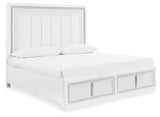 Chalanna King Upholstered Storage Bed with Mirrored Dresser, Chest and 2 Nightstands in White from Ashley - Luna Furniture