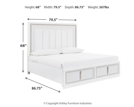 Chalanna King Upholstered Storage Bed with Mirrored Dresser, Chest and 2 Nightstands in White from Ashley - Luna Furniture