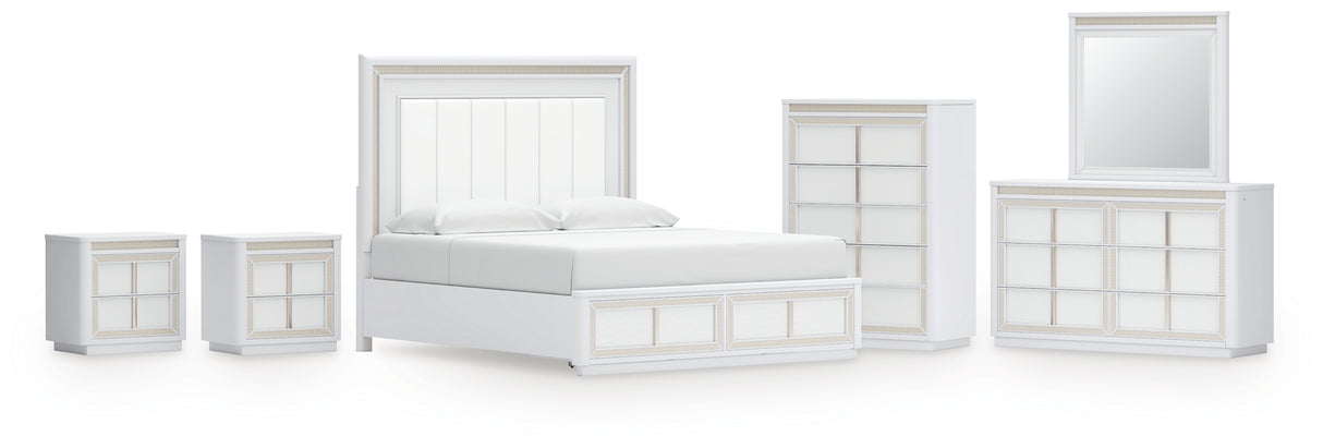 Chalanna King Upholstered Storage Bed with Mirrored Dresser, Chest and 2 Nightstands in White from Ashley - Luna Furniture