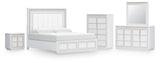 Chalanna King Upholstered Storage Bed with Mirrored Dresser, Chest and Nightstand in White from Ashley - Luna Furniture