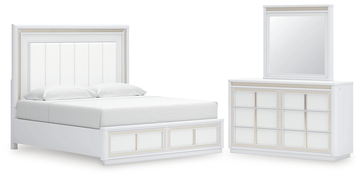 Chalanna King Upholstered Storage Bed with Mirrored Dresser in White from Ashley - Luna Furniture