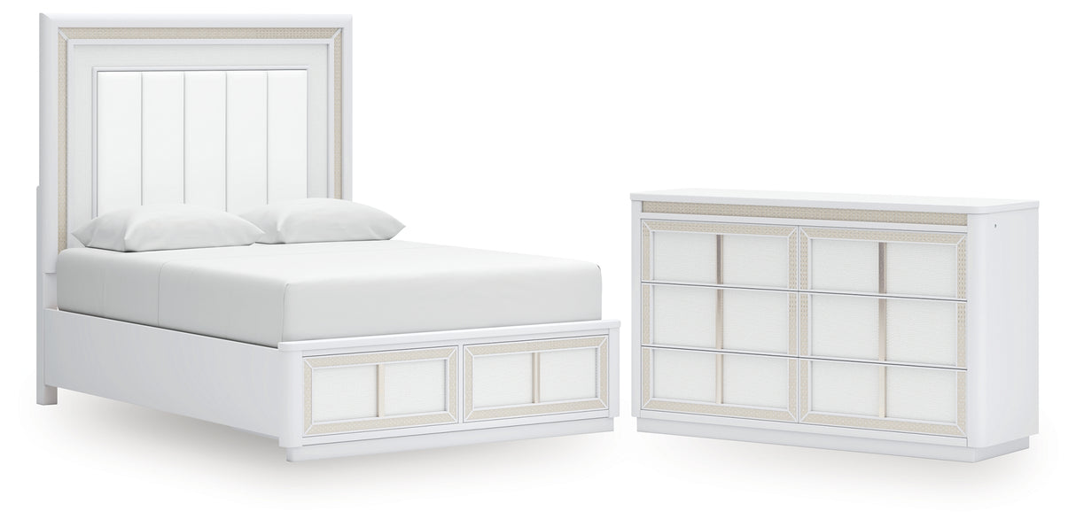 Chalanna Queen Upholstered Storage Bed with Dresser in White from Ashley - Luna Furniture