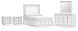 Chalanna Queen Upholstered Storage Bed with Mirrored Dresser and 2 Nightstand in White from Ashley - Luna Furniture