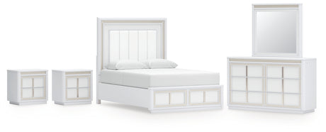 Chalanna Queen Upholstered Storage Bed with Mirrored Dresser and 2 Nightstand in White from Ashley - Luna Furniture
