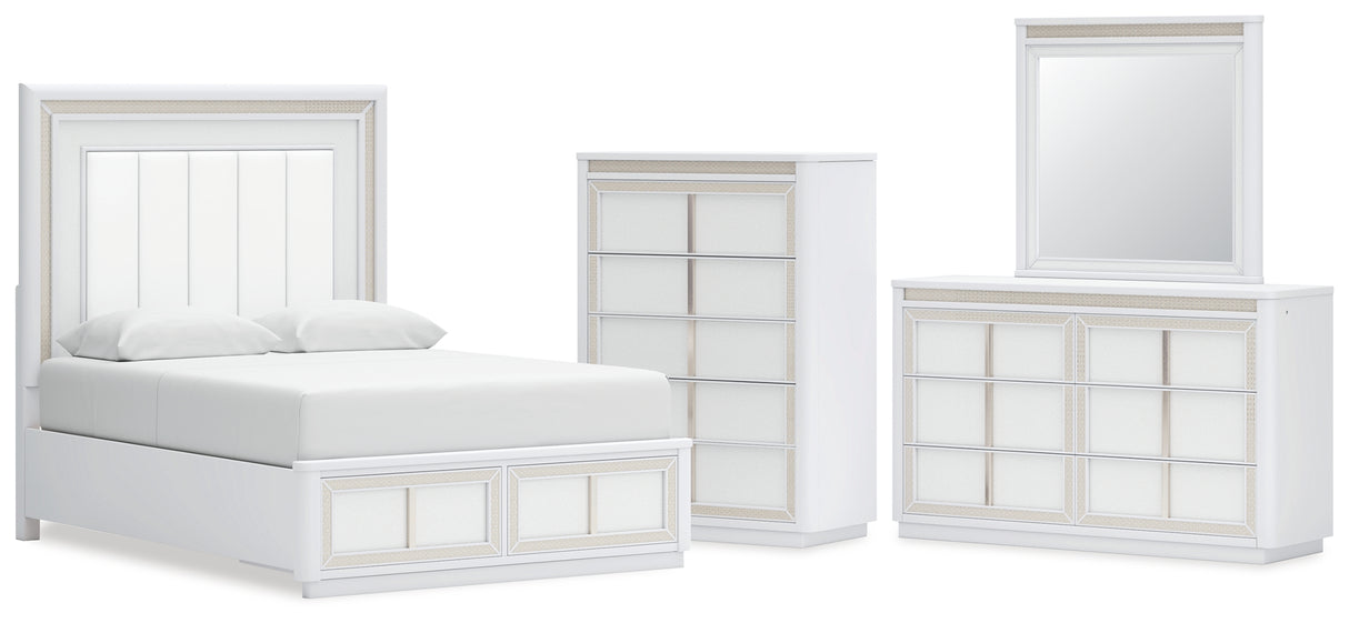 Chalanna Queen Upholstered Storage Bed with Mirrored Dresser and Chest in White from Ashley - Luna Furniture