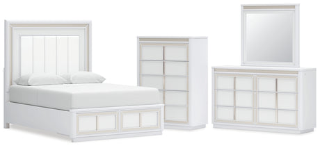Chalanna Queen Upholstered Storage Bed with Mirrored Dresser and Chest in White from Ashley - Luna Furniture
