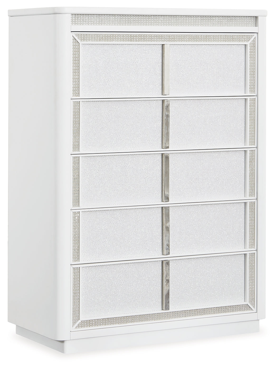 Chalanna Queen Upholstered Storage Bed with Mirrored Dresser and Chest in White from Ashley - Luna Furniture