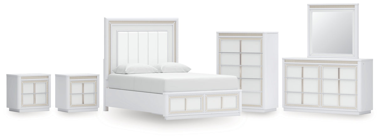 Chalanna Queen Upholstered Storage Bed with Mirrored Dresser, Chest and 2 Nightstands in White from Ashley - Luna Furniture