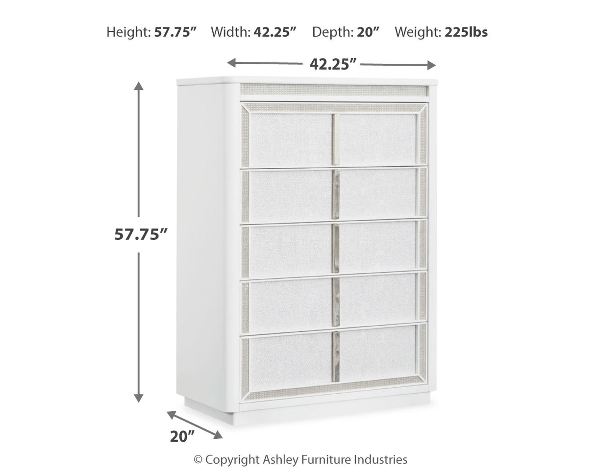 Chalanna Queen Upholstered Storage Bed with Mirrored Dresser, Chest and 2 Nightstands in White from Ashley - Luna Furniture