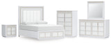 Chalanna Queen Upholstered Storage Bed with Mirrored Dresser, Chest and Nightstand in White from Ashley - Luna Furniture