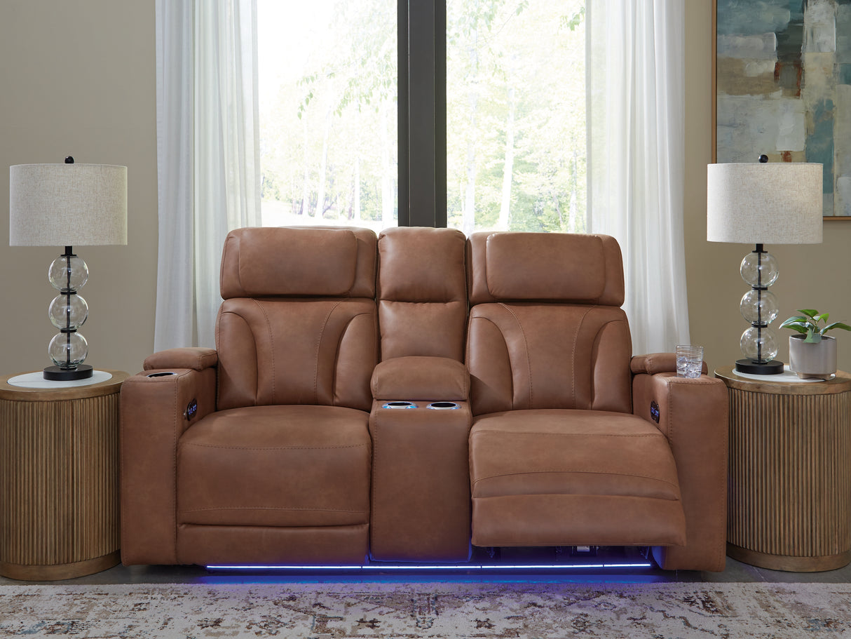Clean-Slate Caramel Power Reclining Loveseat with Console from Ashley - Luna Furniture