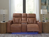 Clean-Slate Caramel Power Reclining Loveseat with Console from Ashley - Luna Furniture