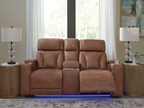 Clean-Slate Caramel Power Reclining Loveseat with Console from Ashley - Luna Furniture