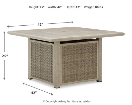 Cliff Trails Outdoor Fire Pit Table and 4 Chairs in Beige from Ashley Furniture - Luna Furniture