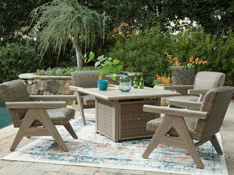 Cliff Trails Outdoor Fire Pit Table and 4 Chairs in Beige from Ashley Furniture - Luna Furniture