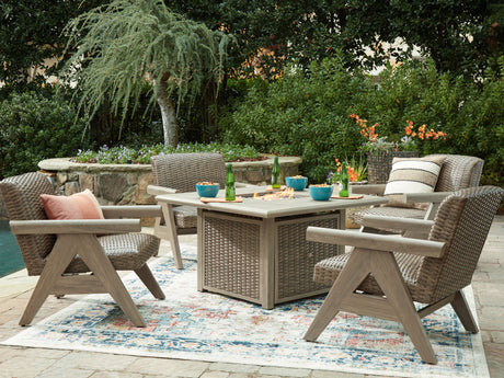 Cliff Trails Outdoor Fire Pit Table and 4 Chairs in Beige from Ashley Furniture - Luna Furniture