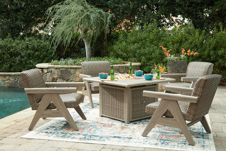 Cliff Trails Outdoor Fire Pit Table and 4 Chairs in Beige from Ashley Furniture - Luna Furniture