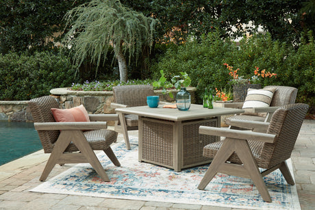 Cliff Trails Outdoor Fire Pit Table and 4 Chairs in Beige from Ashley Furniture - Luna Furniture