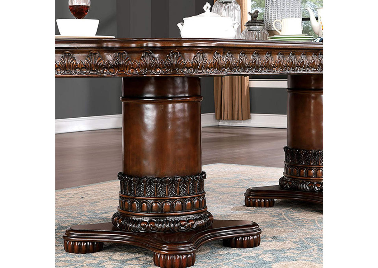 Canyonville Brown dining table pedestal base, carved apron and heavy footed base, detail view