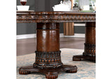 Canyonville Brown dining table pedestal base, carved apron and heavy footed base, detail view