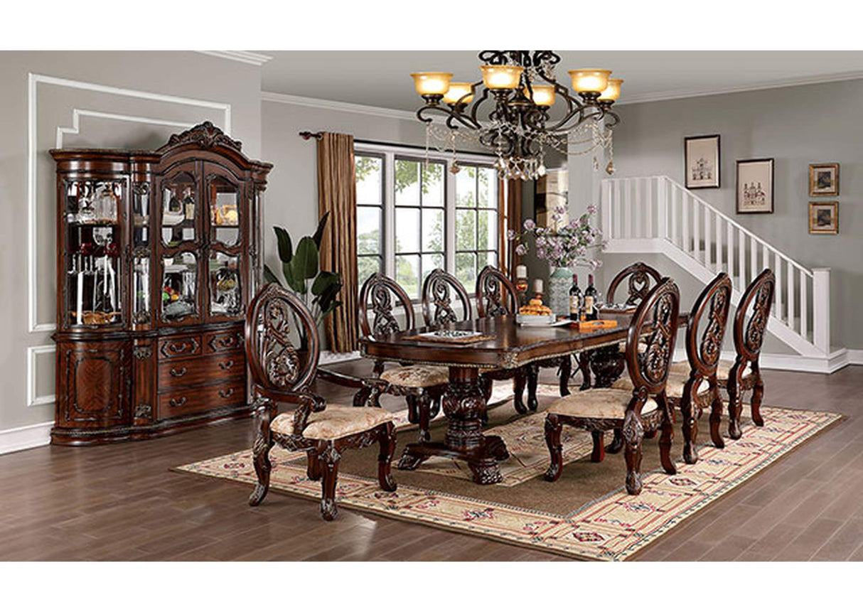 Normandy Brown Cherry 7-Piece Dining Set, ornate table and six chairs, formal room view