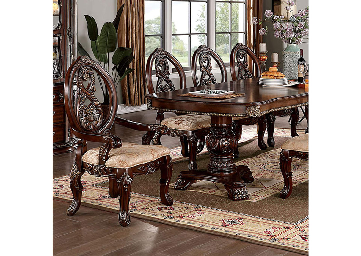 Normandy Brown Cherry dining table set, carved chairs and double pedestal table, three-quarter view