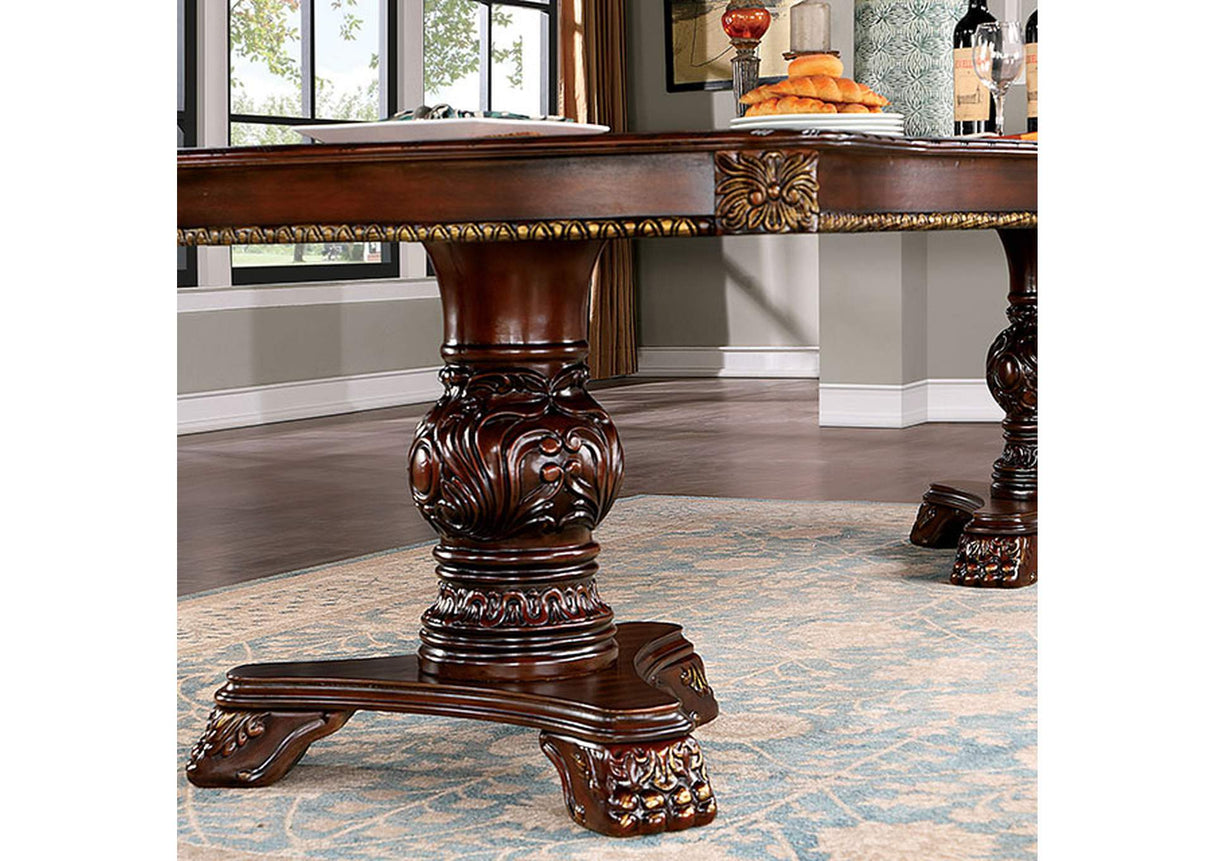 Normandy Brown Cherry dining table, carved pedestal base and ornate apron, close-up detail